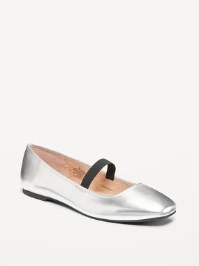 Silver Metallic Square Toe Mary Jane Ballet Flat with Elastic Strap S8